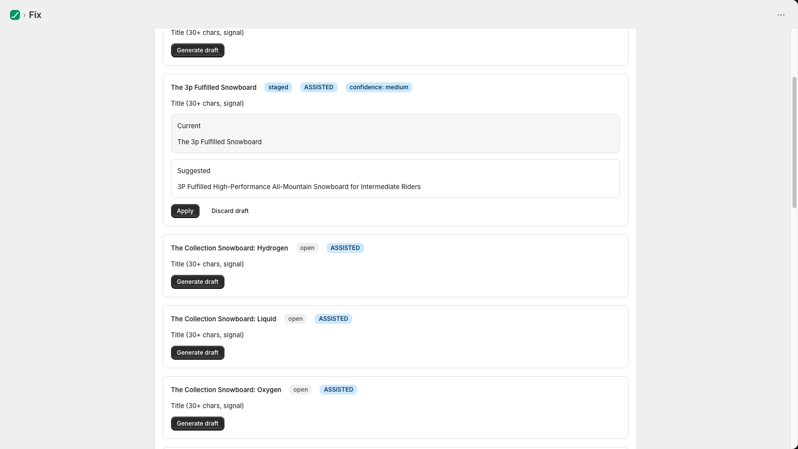 An AI-drafted product title shown as current versus suggested, with an Apply button
